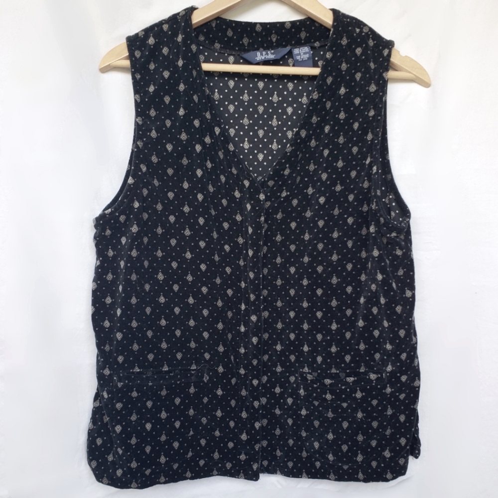 90s Black Velvet Vest Boho Geometric Pattern Pockets Zipper Vintage DPS